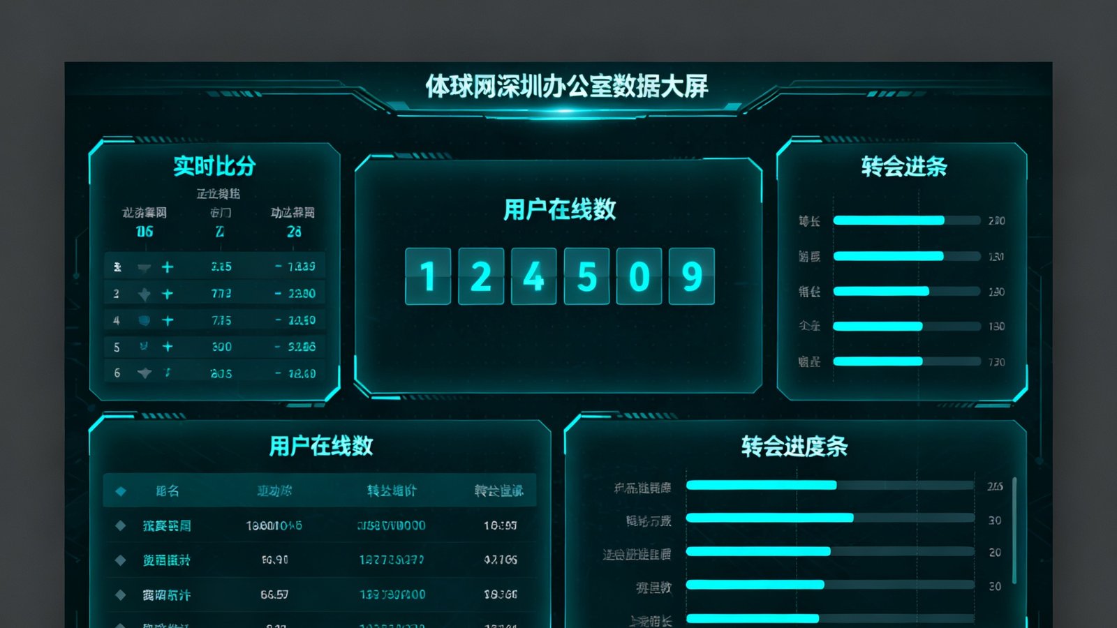 体球网深圳办公室数据监控大屏,显示实时比分、用户在线数、转会进度条